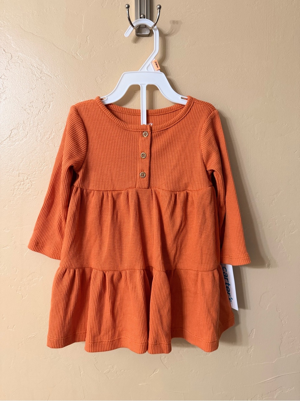 Orange Waffle Knit Tiered Long-Sleeve Dress